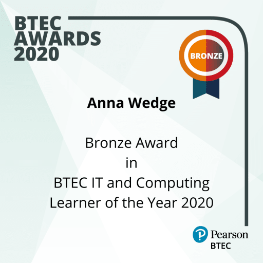 BTEC ITC Learner of the Year 2020 Bronze Award certificate