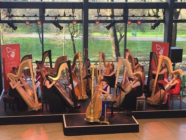 Cerys playing in the harp ensemble