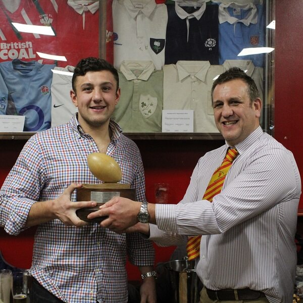 Captain of Old Pocklingtonian Boxing Day Ruby team is presented with the Bottomley Trophy