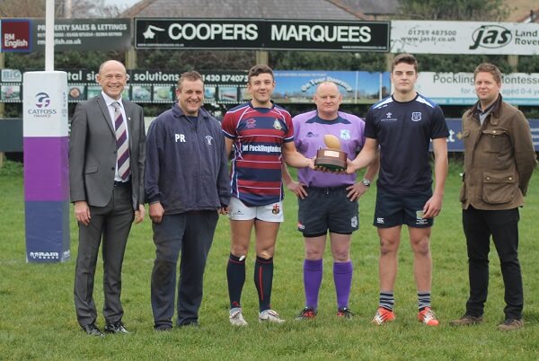 Old Pocklington Associatio President, Pocklington School Headmaster, Toby Seth, OP and Pocklington Town RUFC Captains and match officials at Boxing Day Rugby 2018