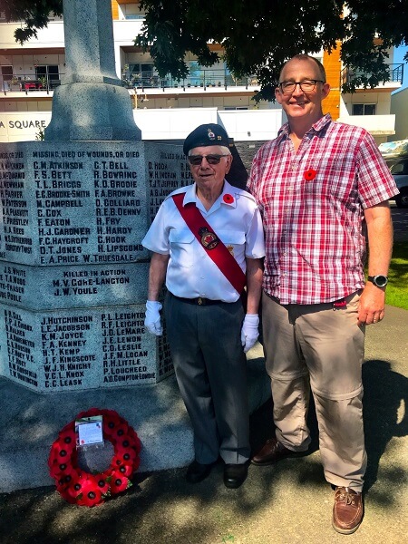 Mr Towner stood with a soldier from the Royal Canadian Legion Branch 53, at the Duncan Cenotaph in Charles Hoey Park , Vancouver Island