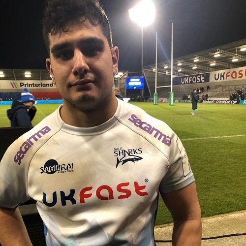 OP Ben Carlile wearing the premiership club Sale Sharks strip at his debut match