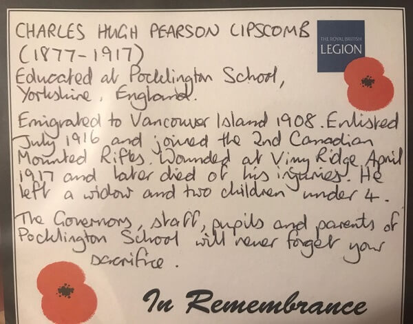 Hand written label of remembrance on wreath laid in honour of fallen OP at Duncan Cenotaph, Vancouver Island