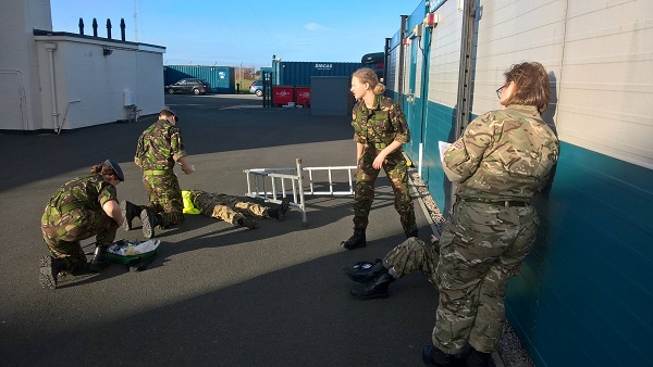 Pocklington School CCF RAF cadets taking part in a first aid drill as part of the Air Squadron Trophy held at RAF INSKIP