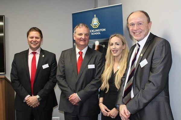 Pocklington School Headmaster, Toby Seth, guest speakers Jodie Hill and David Strachan, with OP President Trevor Loten at the offices of Schofiled Sweeney LLP for the PSF Careers and Business Network event in Leeds