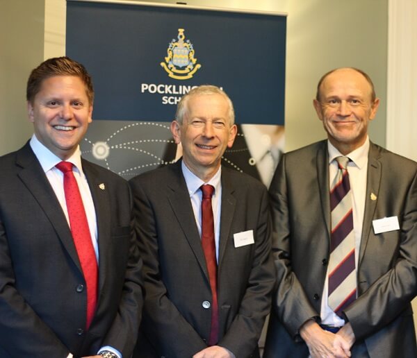 Pockington School Headmaster, OP President and guest speaker stand in front of the PSF Careers & Businees Network banner at the London event