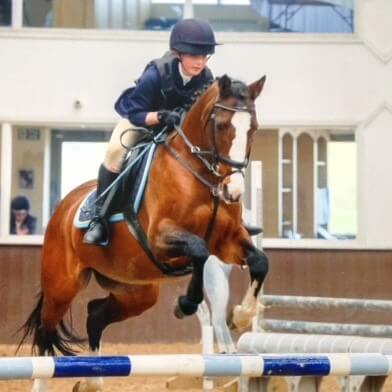 Rider on brown horse approaching a jump in the showjumping ring at the NSEA National County Championships