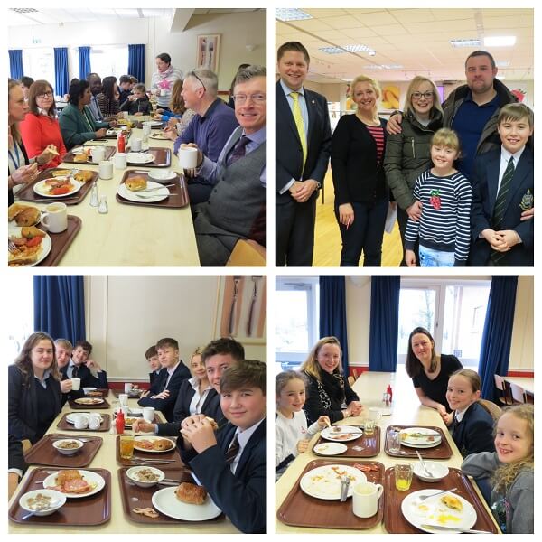 Pocklington School pupils, parents and staff eating breakfast at the FOPS Big Breakfast in the school dining hall