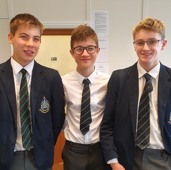 Three Pocklington School pupils in uniform, who came fourth in the National Perse  Coding Challenge