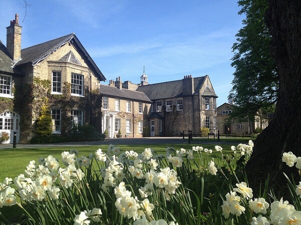 The front driveway of Poclklington School with daffodils in the Spring