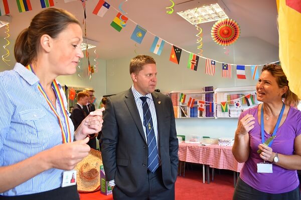 Three judges taste testing the cakes in the Great European Bake Off at Pocklington School