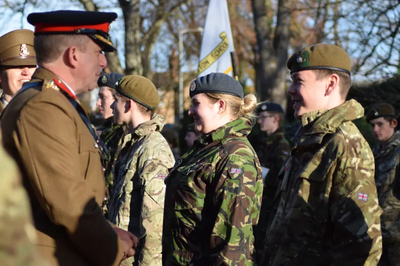 Brigadier inspecting CCF cadets on parade at Pocklington School