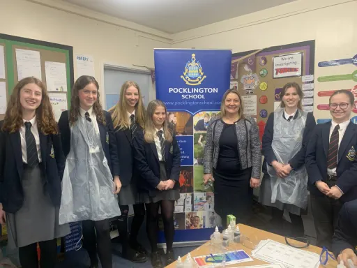 Six pupils and Head of Chemistry from Pocklington School at the outreach science event at Warter School