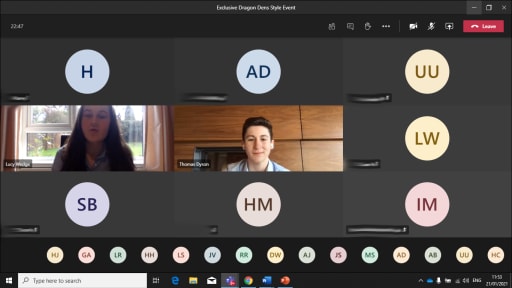 Screenshot of two students during online Dragons' Den style event