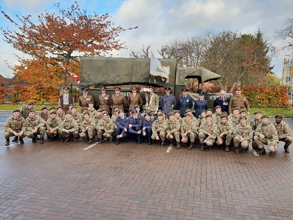 Pocklington School CCF RAF offciers and cadets with OP John Marshall and a WW1 Thorneycroft lorry