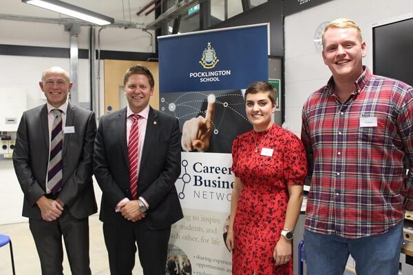 Old Pocklington Associatio President, Pocklington School Headmaster, Toby Seth and OP Speakers Beth Todd and James Wilkinson at the PSF Careers and Business Network event