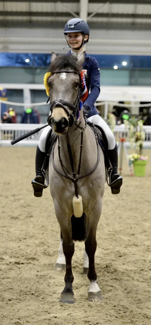 rider seated on pony in equestrian arena at a competition