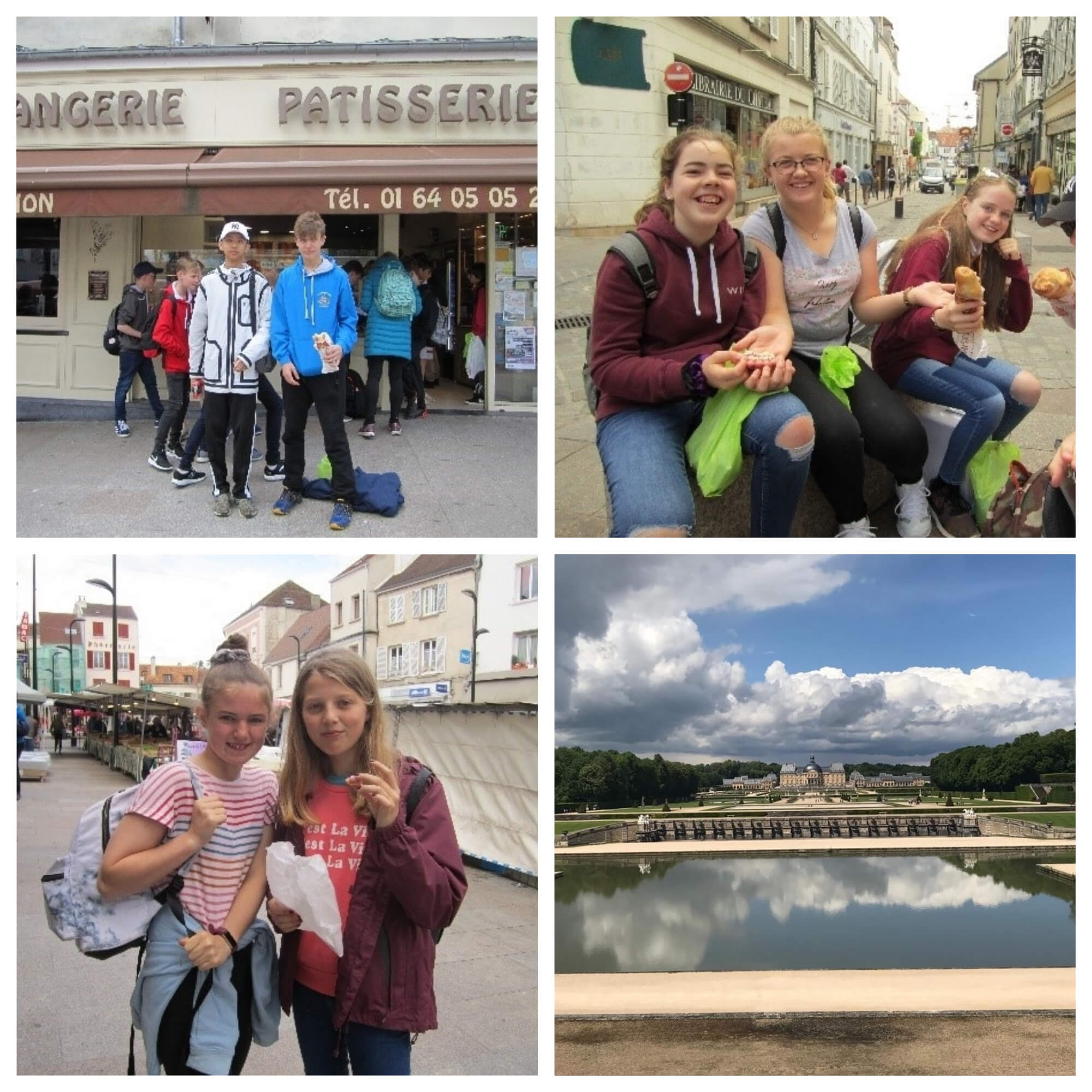 3 pictures of children stood in the market square of a French market town and 1 photo of a view of Chateau Vaux