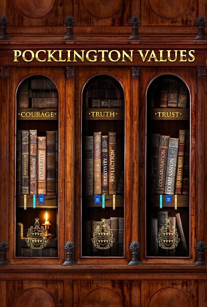 Image of bookcase with the header Pocklington Values and the values courage, truth and trust