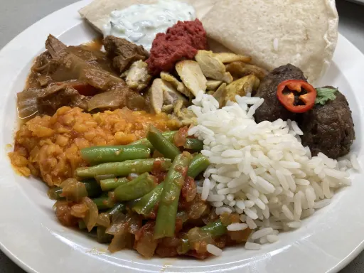 Mixed plate of food representing international cuisine